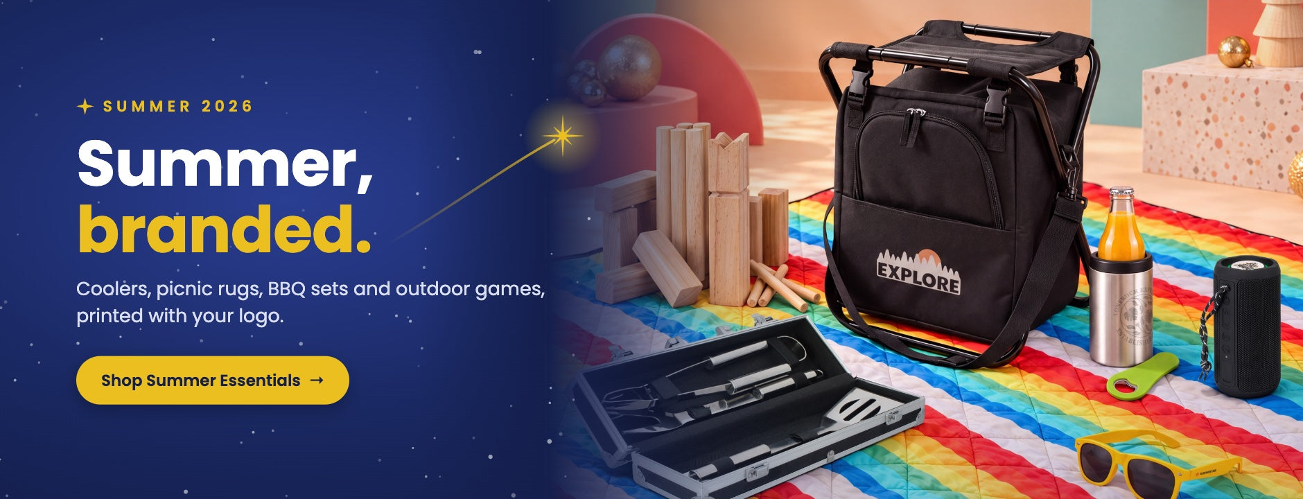 Summer 2026: coolers, picnic rugs, BBQ sets and outdoor games printed with your logo. Shop Galaxy Promo Summer Essentials