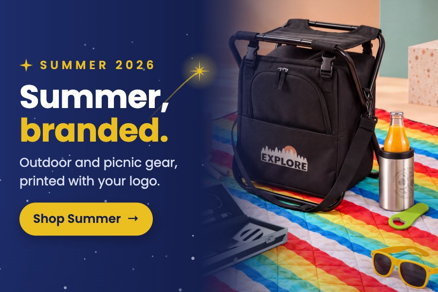 Summer 2026: outdoor and picnic gear printed with your logo. Shop Galaxy Promo Summer Essentials